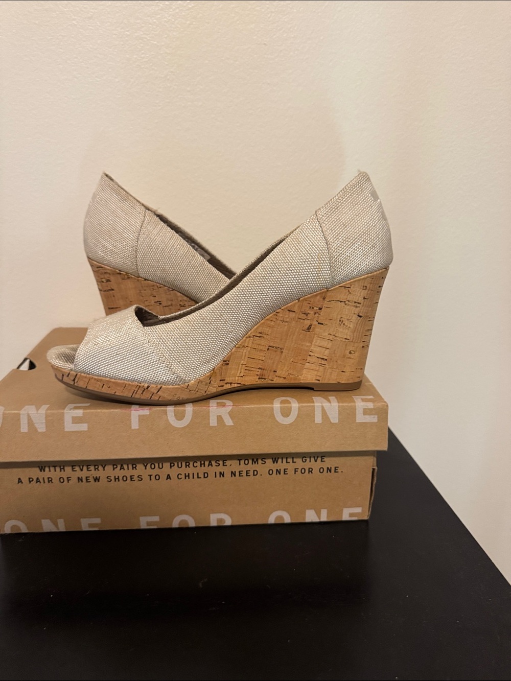 TOMS Natural Linen Cork Wedge Peep-Toe Heels